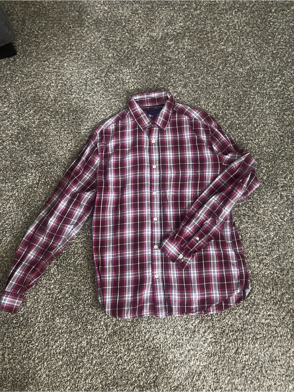 Aeropostale Men's Burgundy Plaid Button-Down Shirt with White Accents